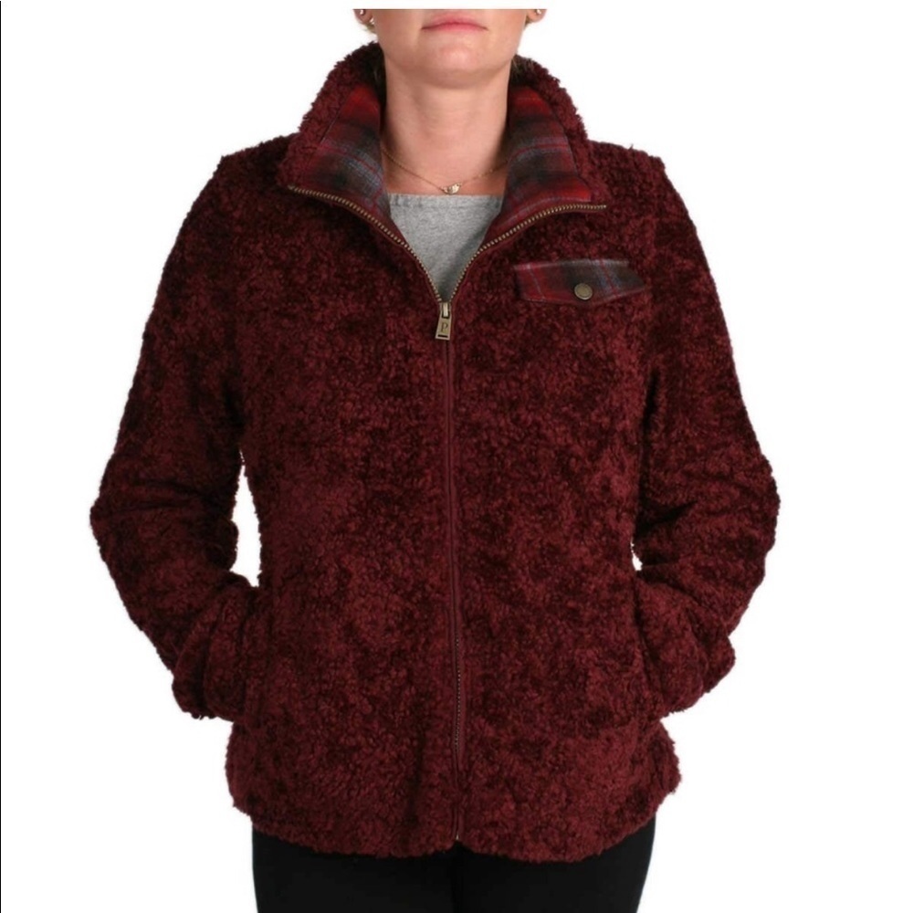 Pendleton NWT fuzzy jacket zip-up dark red plaid accents M